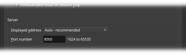 Image server settings showing the Displayed address dropdown set to Auto - recommended and the port number set to 8000.