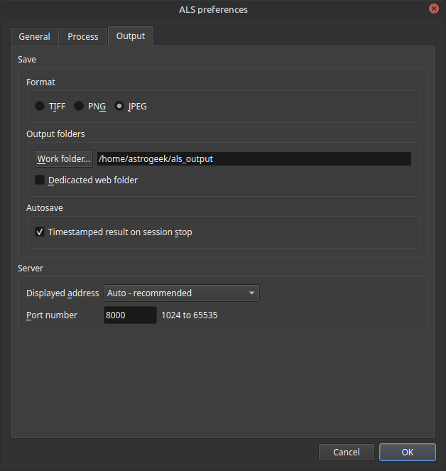 ALS preferences window with the Output tab selected, showing save format options, output folder settings, autosave, displayed address, and port number settings.