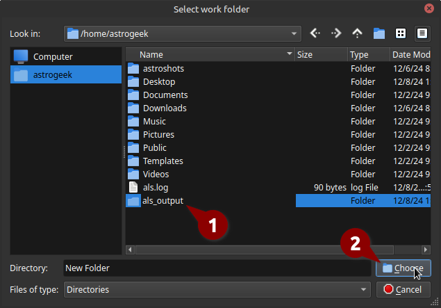 File selection dialog box titled 'Select work folder' displaying the contents of the directory /home/astrogeek, including several folders and a log file. The newly created folder named als_output is highlighted, and the Choose button is highlighted, indicating the user is about to confirm the selection.