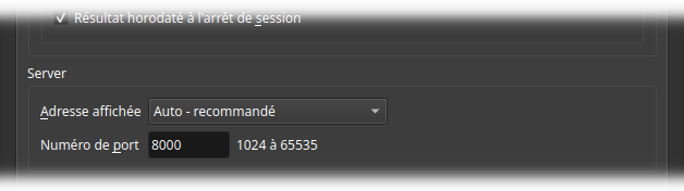 Réglages du serveur d'images affichant la liste Adresse affichée réglée sur Auto - recommandé et le numéro de port réglé sur 8000.