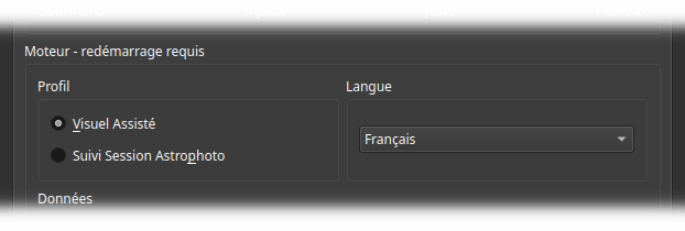 Interface logicielle affichant les paramètres du dossier de travail avec le chemin défini sur /home/astrogeek/sorties_als, et un bouton Modifier pour configurer ce chemin.