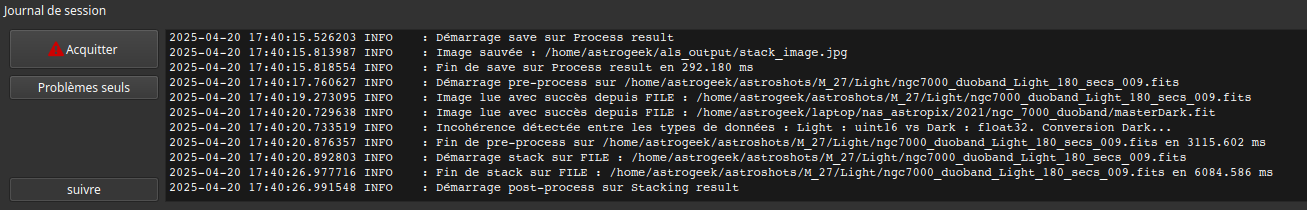 Le panneau Journal de session de ALS affichant des messages de traitement.